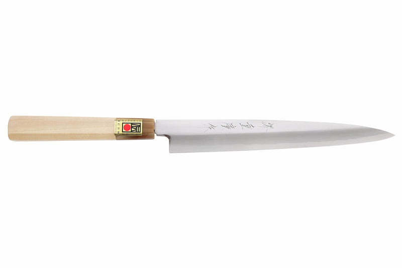 Couteau yanagiba japonais artisanal Kasahara Shigehiro forgé par Yoshikazu Ikeda 21cm