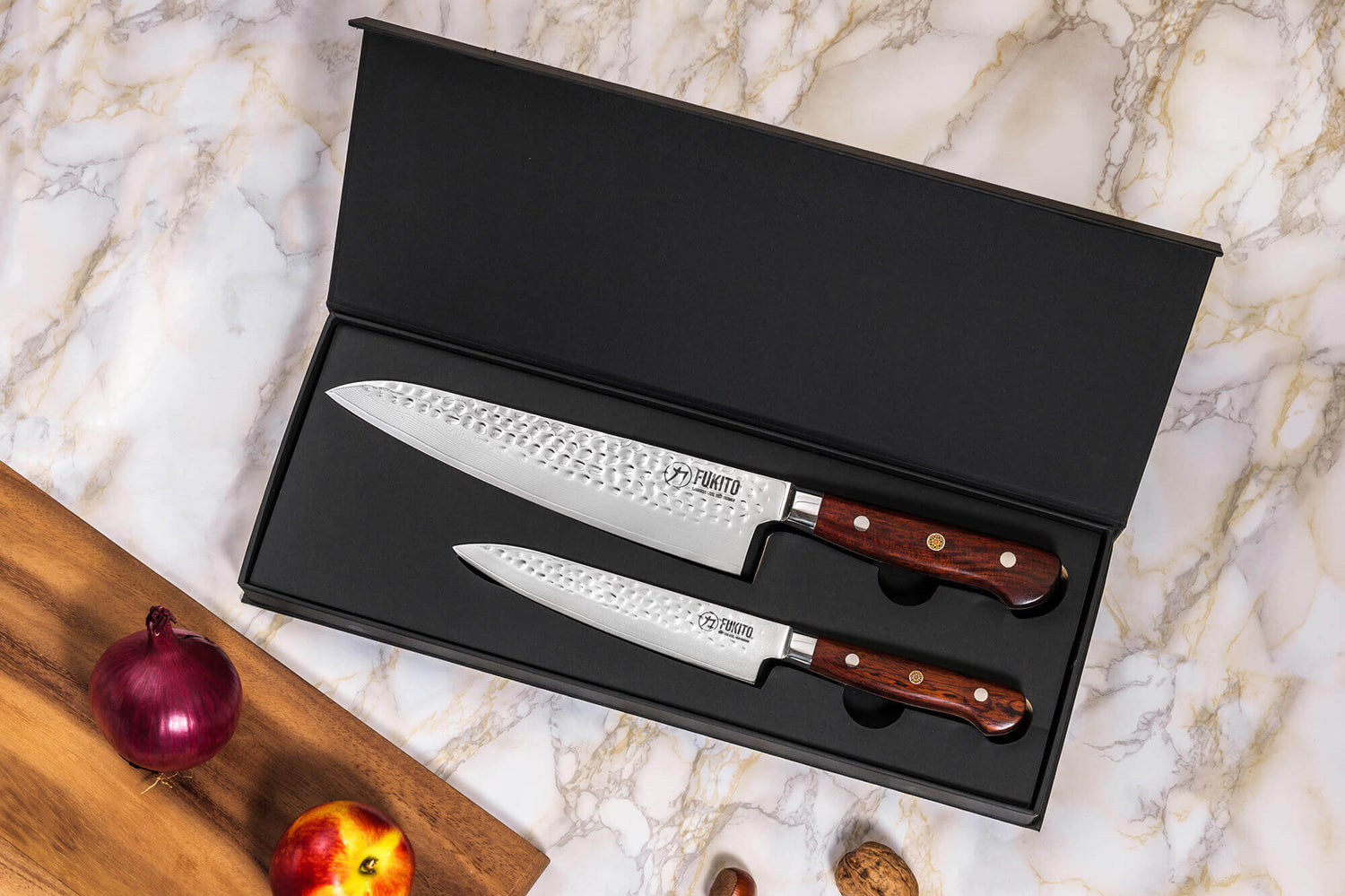 Coffret 2 couteaux de cuisine Fukito Rosewood Damas 67 couches : Universel + Chef