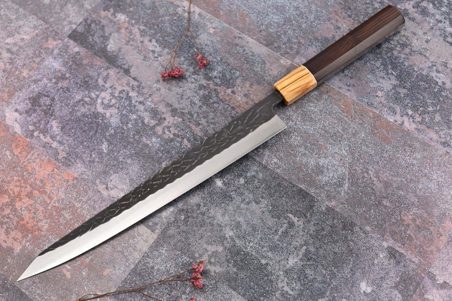 Couteau sujihiki 27cm japonais artisanal Yuzo Black SLD ébène et olivier