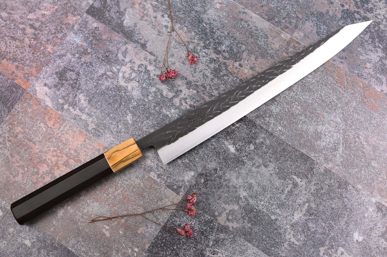 Couteau sujihiki 27cm japonais artisanal Yuzo Black SLD ébène et olivier