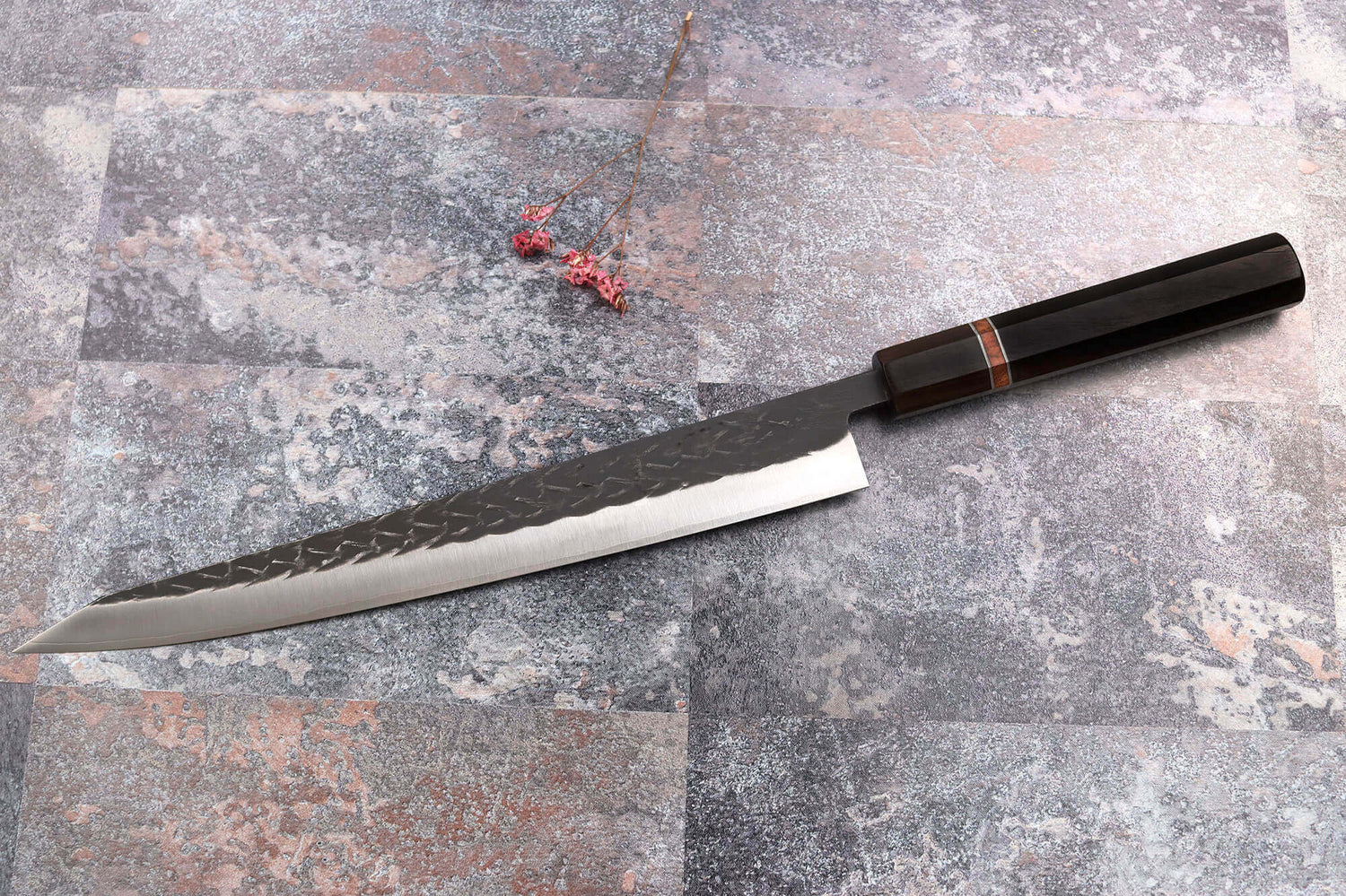 Couteau sujihiki 27cm japonais artisanal Yuzo Black SLD ébène et cognassier