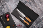 Coffret de 2 couteaux Wusaki Damas 10Cr manches en olivier Chef + Office