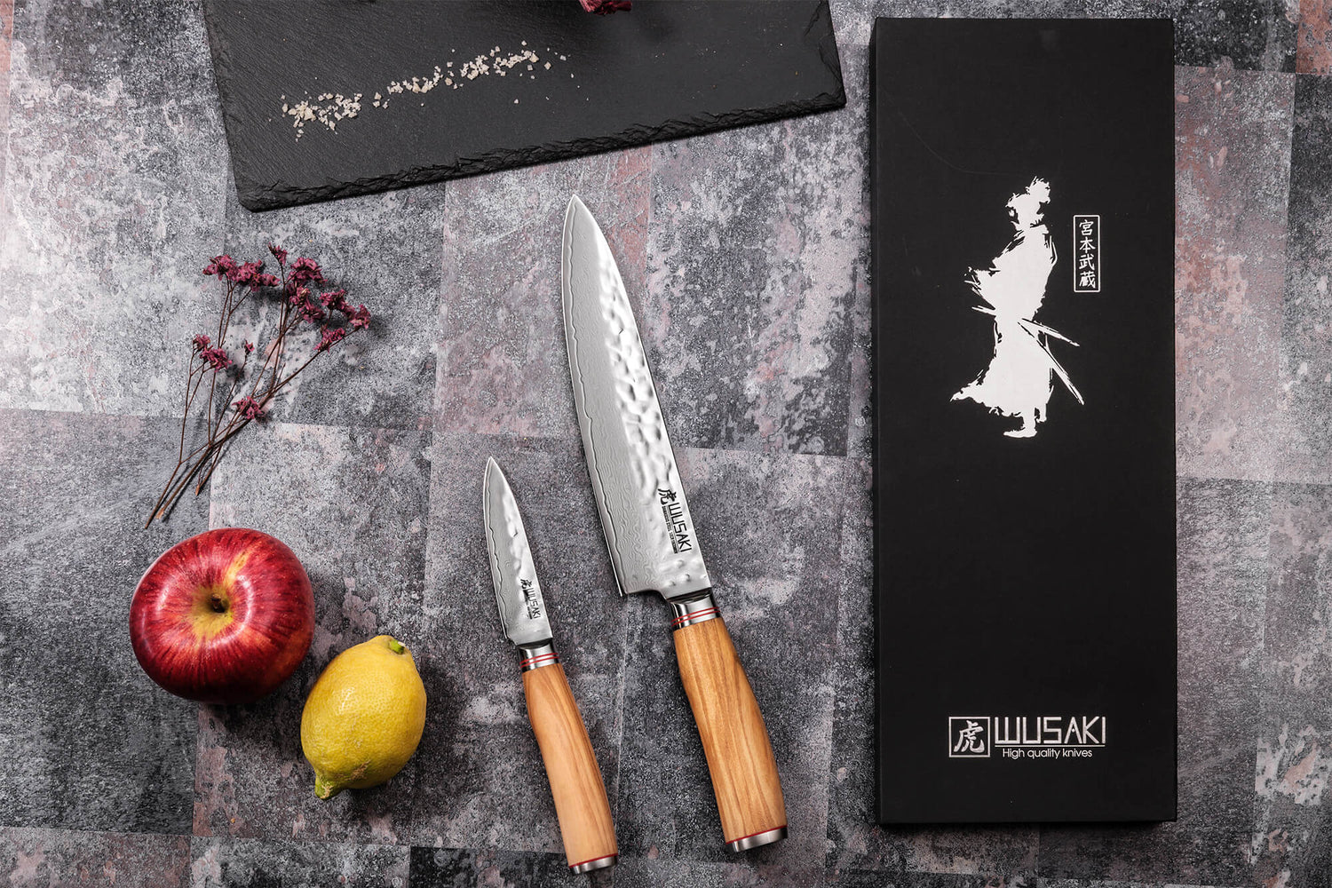 Coffret de 2 couteaux Wusaki Damas 10Cr manches en olivier Chef + Office