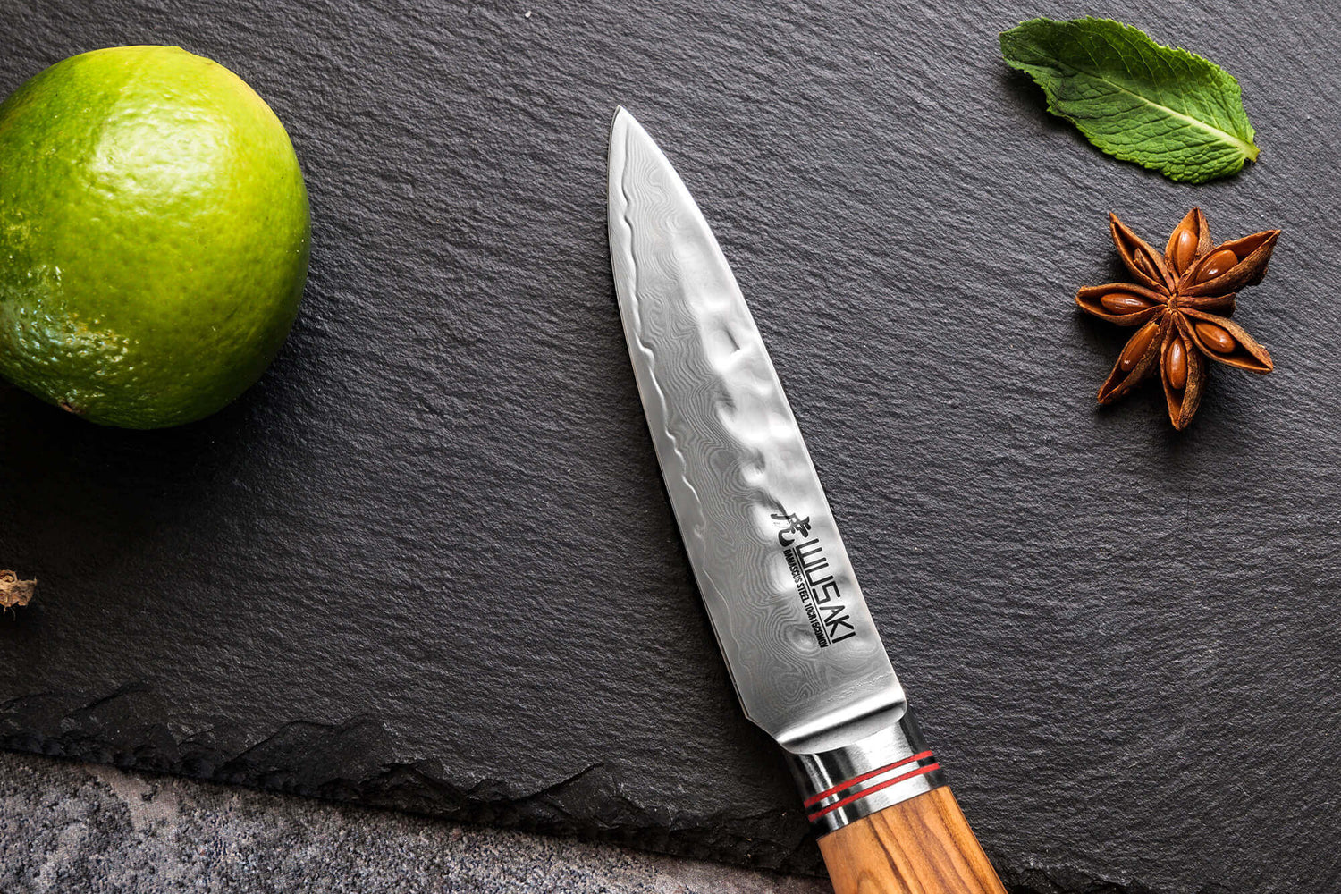 Coffret de 2 couteaux Wusaki Damas 10Cr manches en olivier Santoku + Office