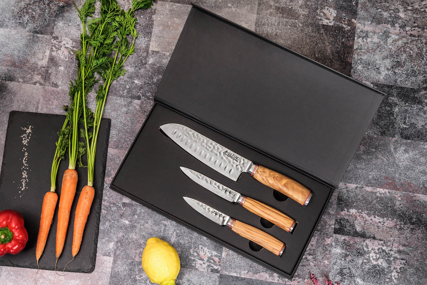 Coffret 3 couteaux Wusaki Damas 10Cr olivier Santoku + Universel + Office