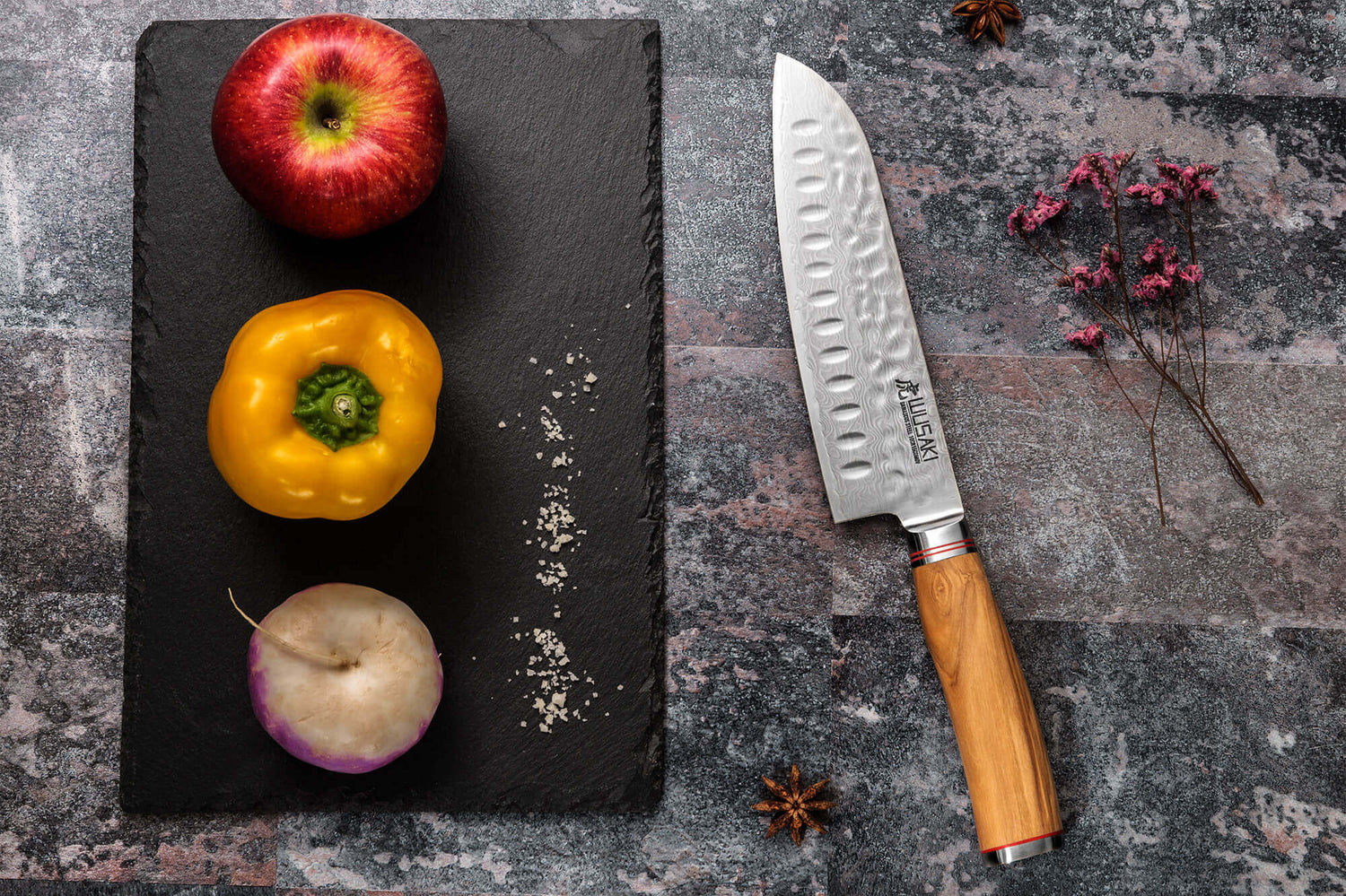 Coffret 3 couteaux Wusaki Damas 10Cr olivier Santoku + Universel + Office