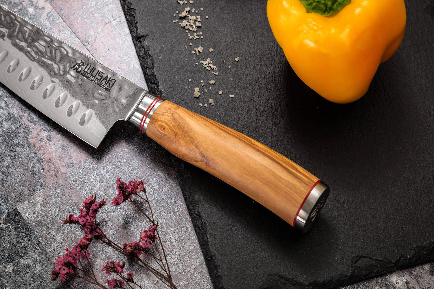 Coffret 3 couteaux Wusaki Damas 10Cr olivier Santoku + Universel + Office