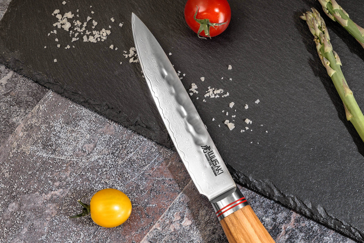 Coffret 3 couteaux Wusaki Damas 10Cr olivier Santoku + Universel + Office