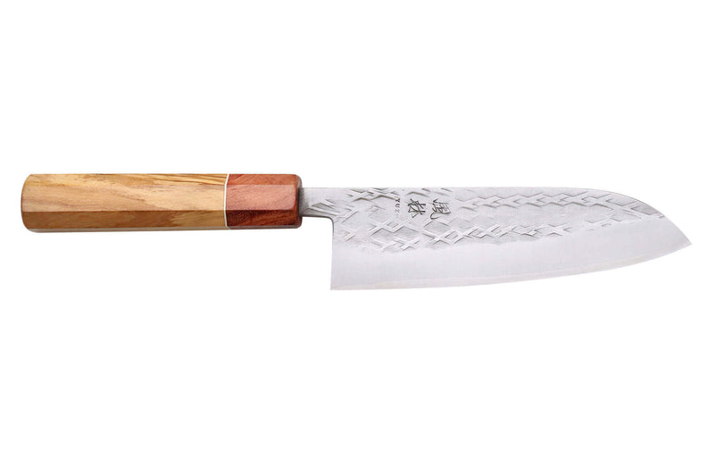 Couteau santoku 16,5cm japonais artisanal Yuzo SLD olivier et cognassier