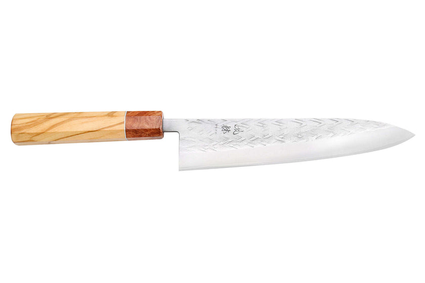 Couteau de chef japonais artisanal Yuzo SLD 21 cm manche en olivier et cognassier