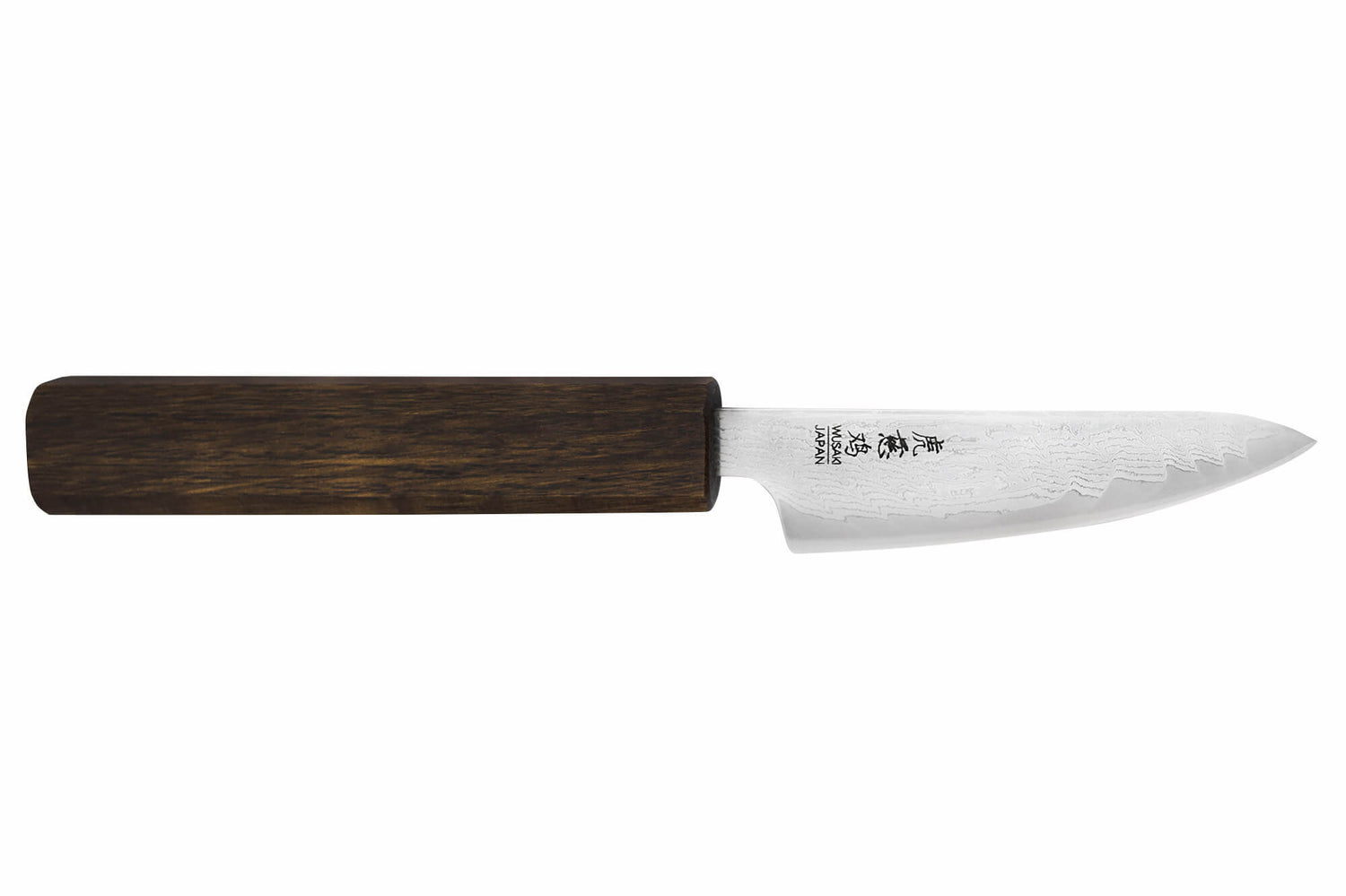 Couteau d'office japonais artisanal Wusaki Unagi AUS10 damas 8cm manche chêne