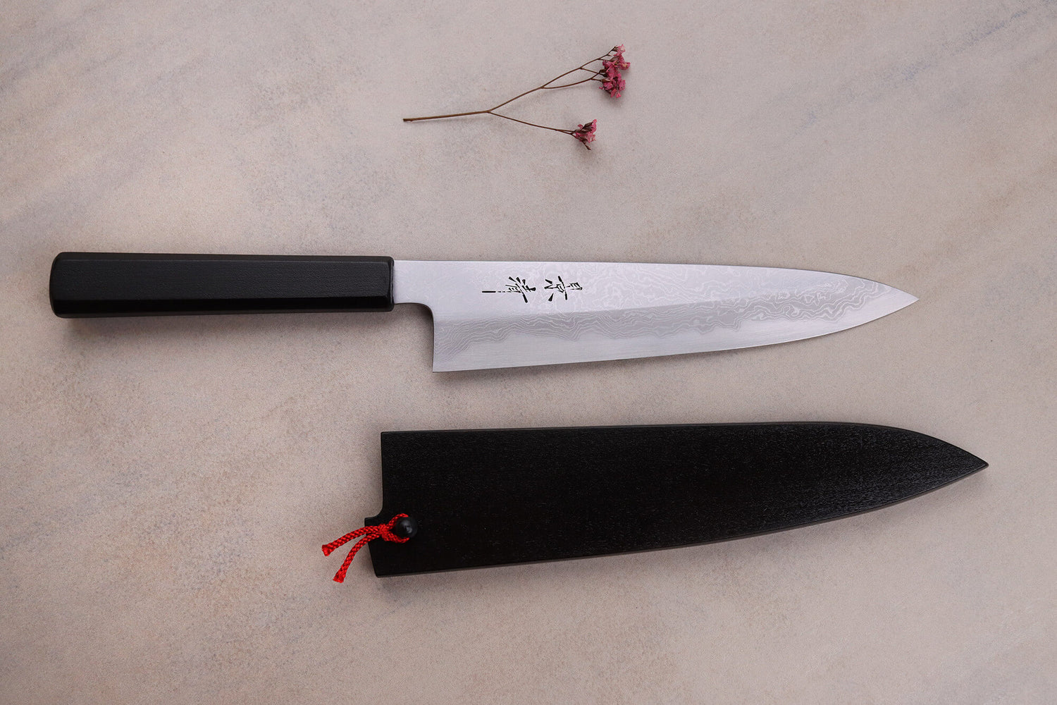 Couteau de chef japonais artisanal Kagekiyo Yoshikazu Tanaka Damas Aogami 21cm + Saya