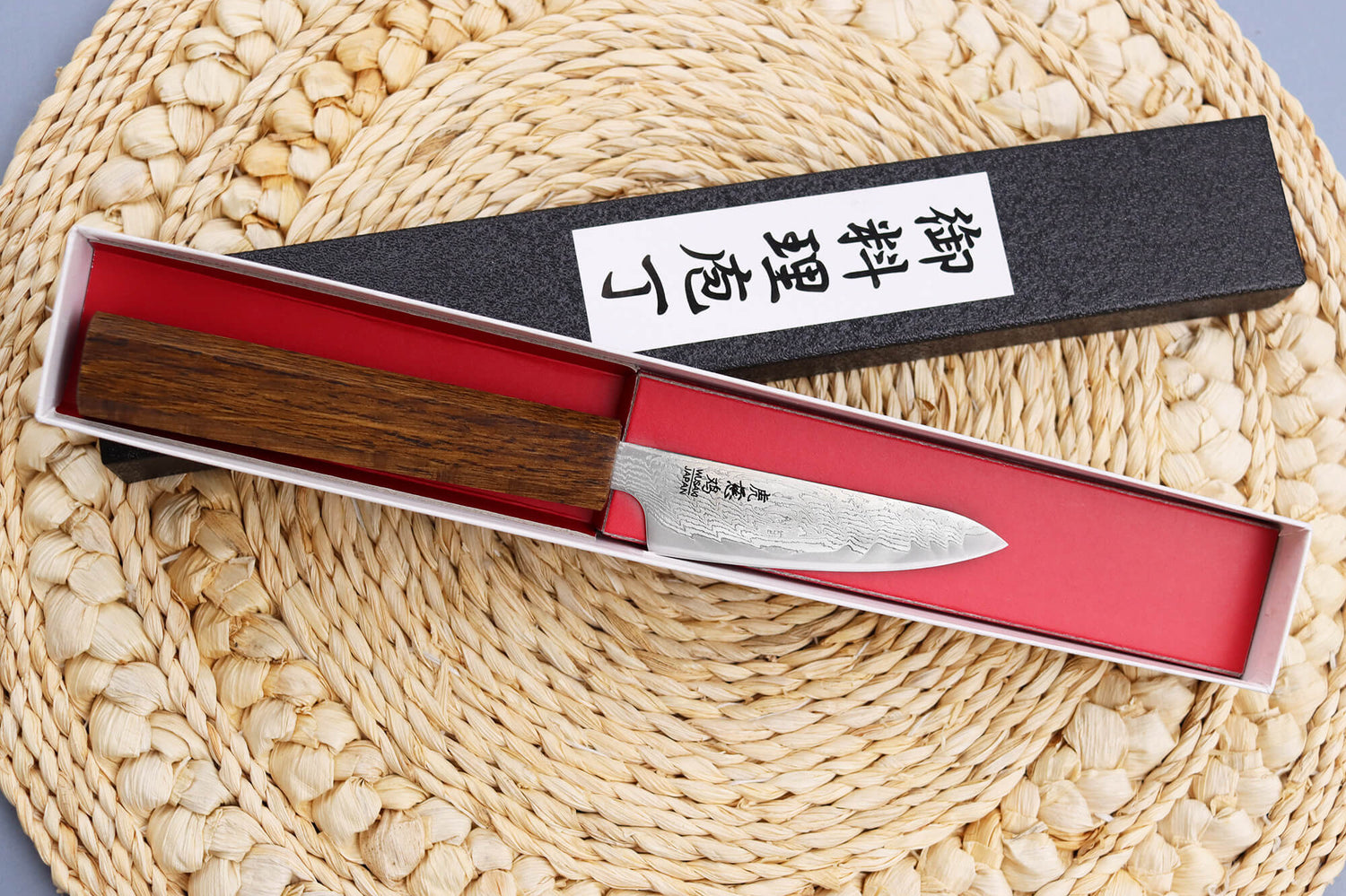 Couteau d'office japonais artisanal Wusaki Unagi AUS10 damas 8cm manche chêne