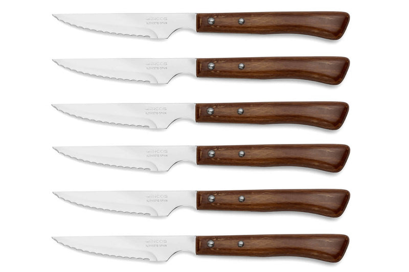 Coffret de 6 couteaux à steak/pizza Arcos lame dentelée 11cm manche en bois de hêtre compressé