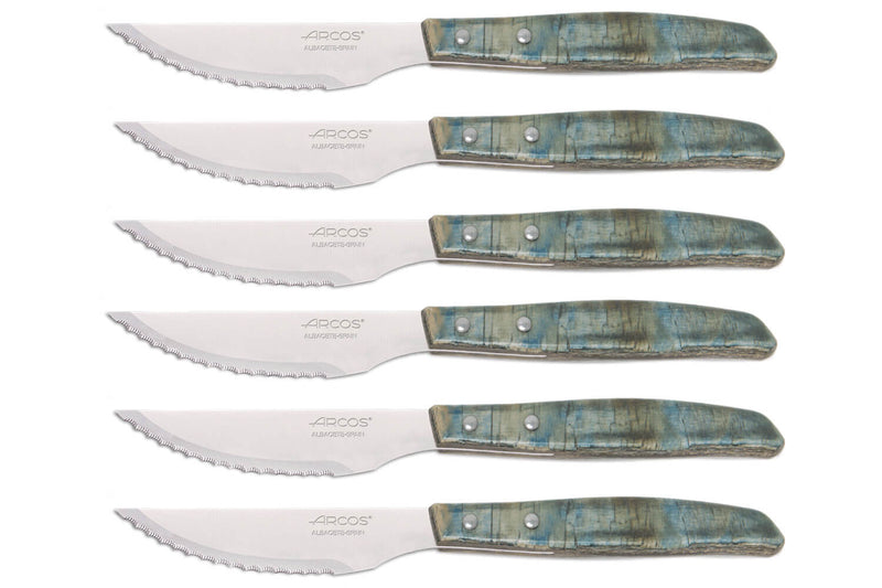 Coffret de 6 couteaux à steak/pizza Arcos lame dentelée 11cm manche bois bleu