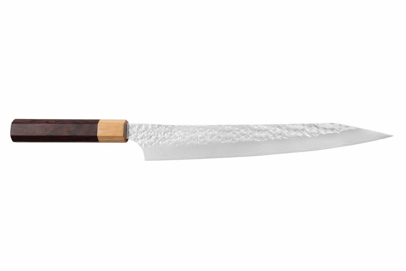 Couteau sujihiki kiritsuke japonais artisanal martelé Yu Kurosaki senko 24cm acier SG2