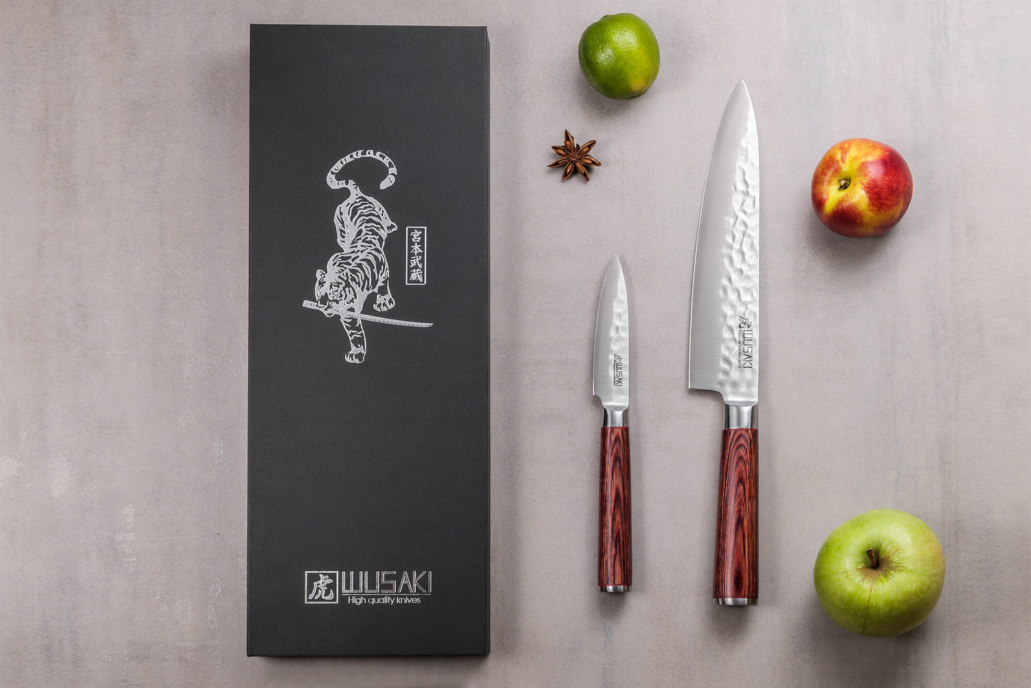 Coffret 2 couteaux Wusaki Pakka X50 pakkawood Chef + Office