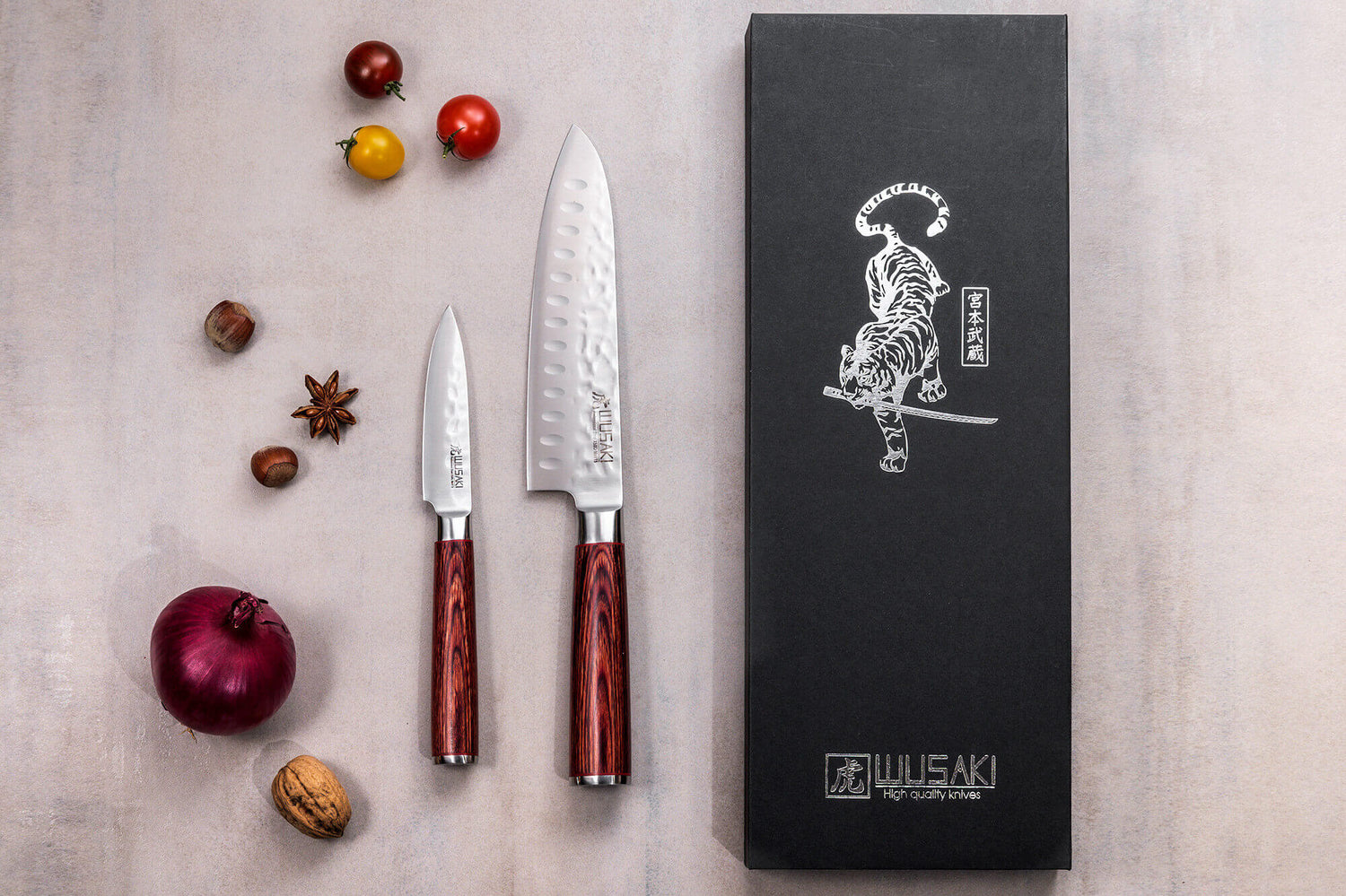 Coffret 2 couteaux Wusaki Pakka X50 pakkawood Santoku + Office