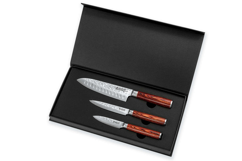 Coffret 3 couteaux Wusaki Pakka X50 pakkawood Santoku + Universel + Office