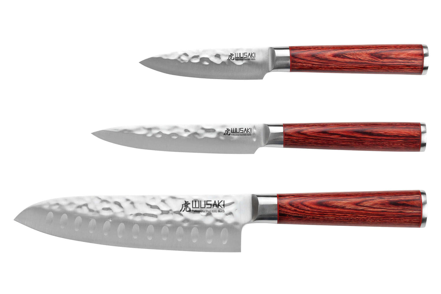 Coffret 3 couteaux Wusaki Pakka X50 pakkawood Santoku + Universel + Office