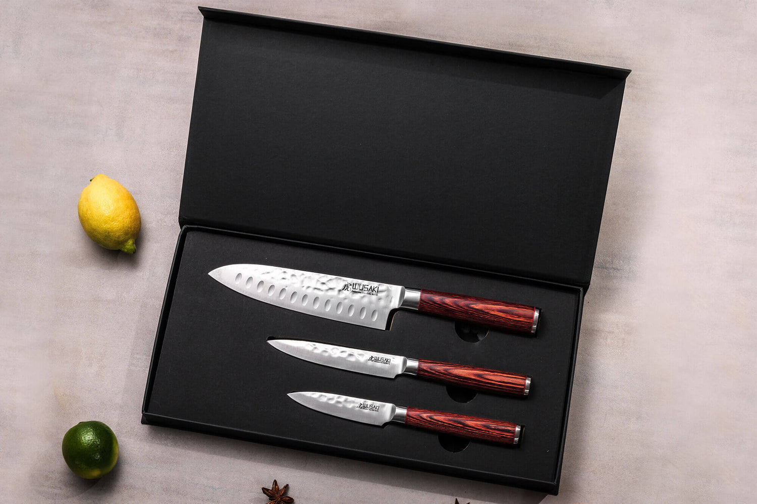Coffret 3 couteaux Wusaki Pakka X50 pakkawood Santoku + Universel + Office