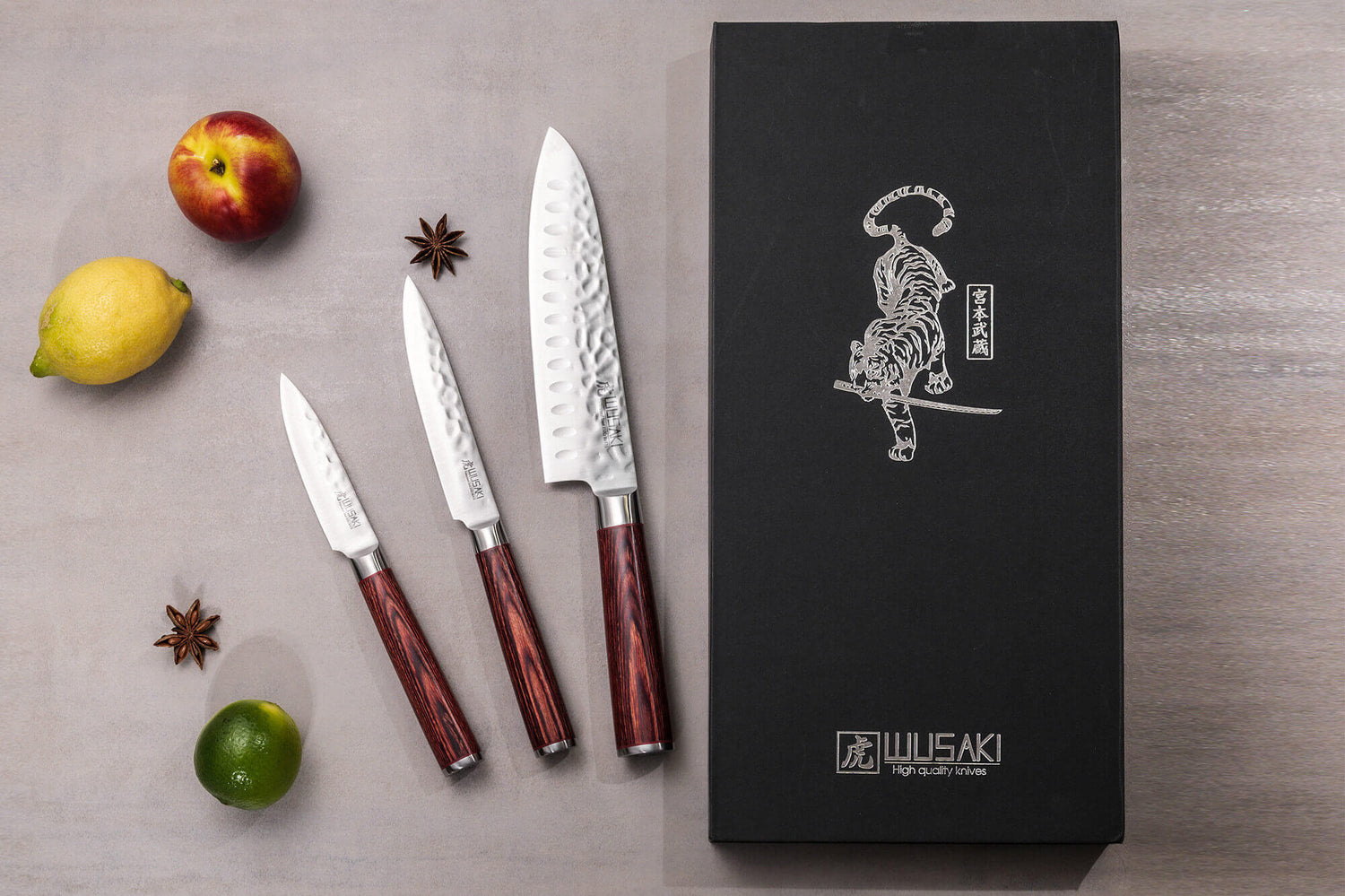 Coffret 3 couteaux Wusaki Pakka X50 pakkawood Santoku + Universel + Office