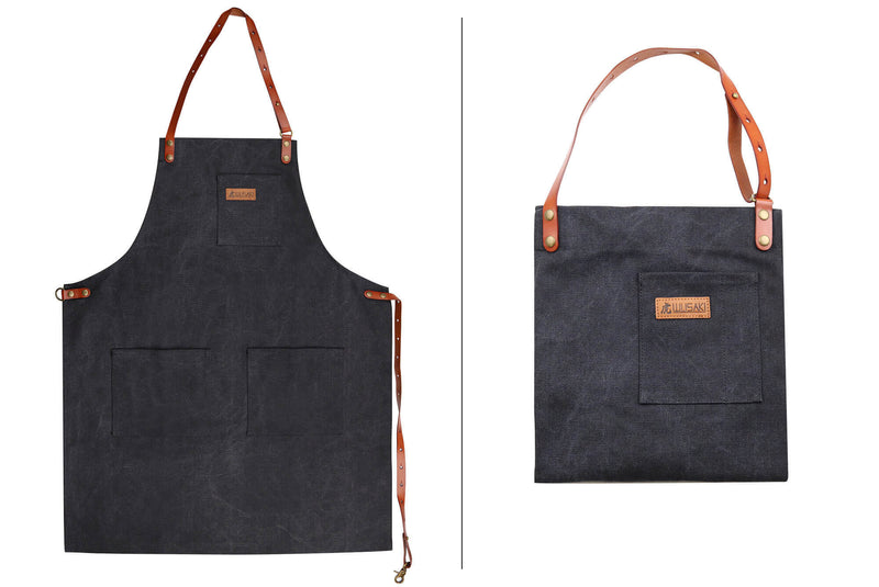 Tablier de cuisine Wusaki en toile noire charbon et cuir 83x67,5cm - Taille unique