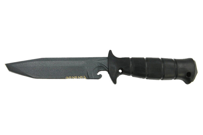 Couteau Wildsteer Wing-Tactic WING06213 lame semi-dentée 12,5cm sans logo GIGN manche kraton noir + brise-vitre + étui POM