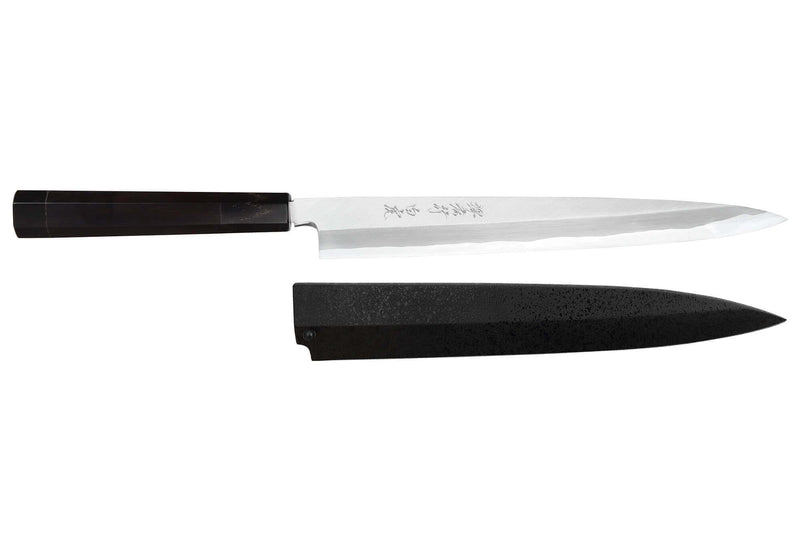 Couteau yanagiba japonais artisanal 24cm Sakai Takayuki Byakko manche en ébène + étui