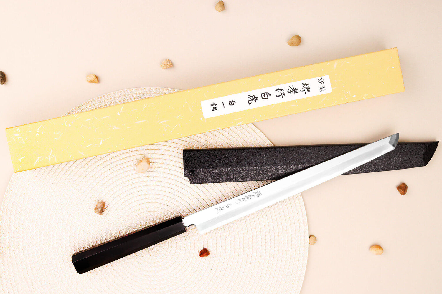Couteau sakimaru takohiki japonais artisanal 27cm Sakai Takayuki Byakko manche en ébène + étui