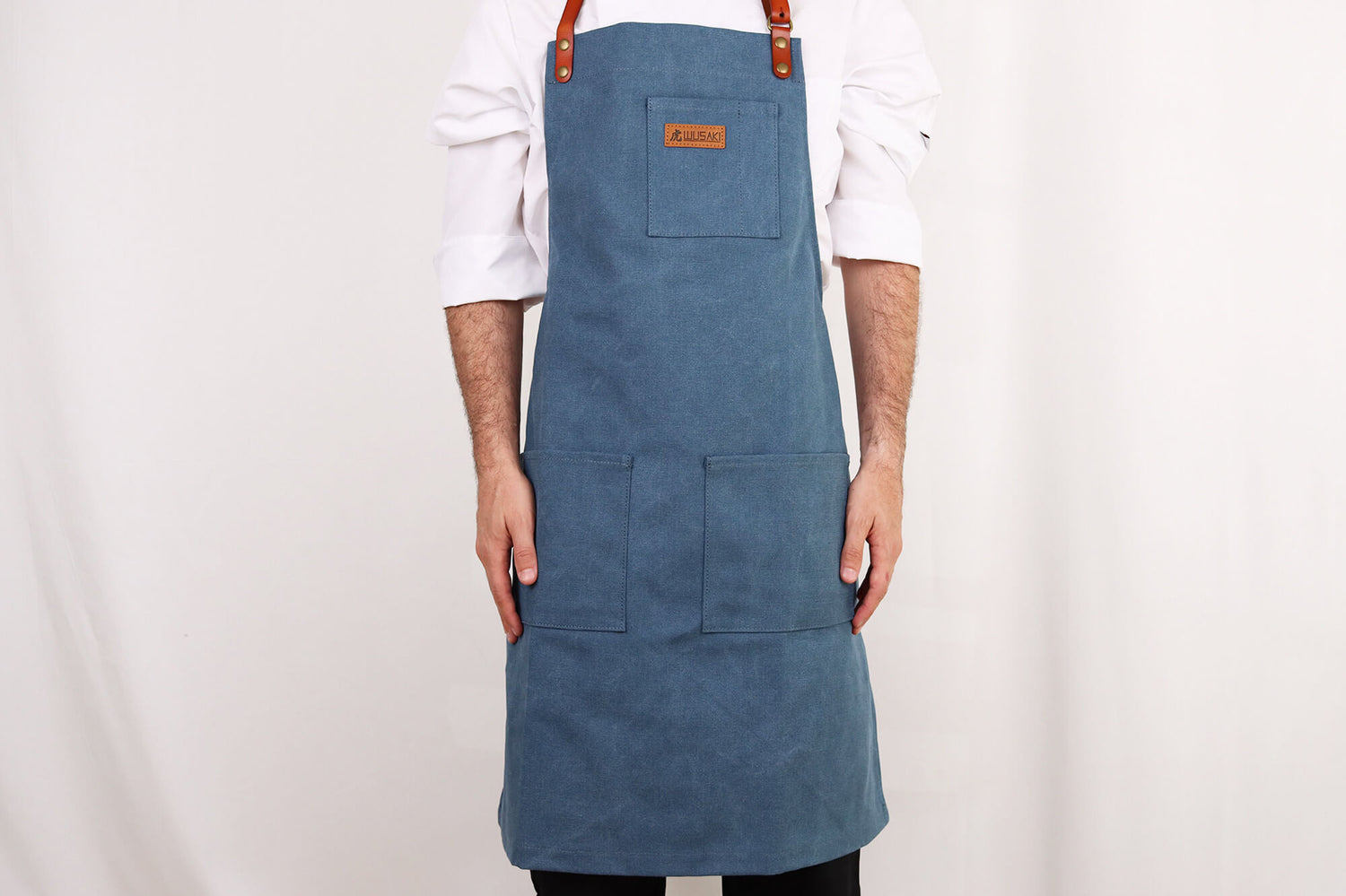 Tablier de cuisine Wusaki en toile bleue et cuir 83x67,5cm - Taille unique