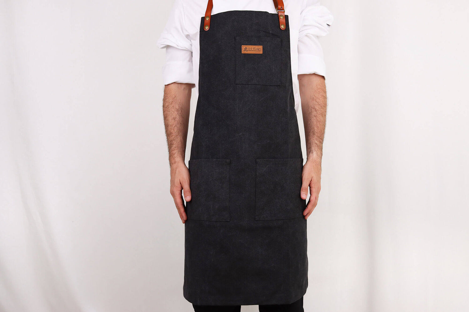 Tablier de cuisine Wusaki en toile noire charbon et cuir 83x67,5cm - Taille unique