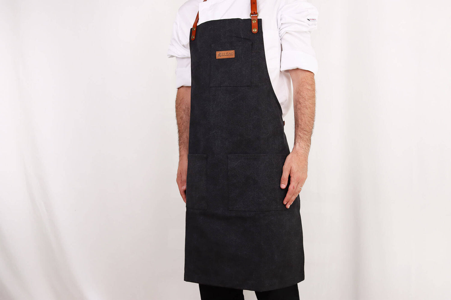 Tablier de cuisine Wusaki en toile noire charbon et cuir 83x67,5cm - Taille unique