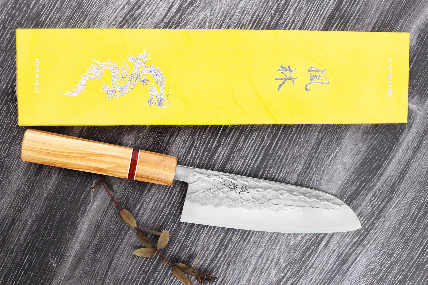 Couteau santoku 16,5cm japonais artisanal Yuzo SLD olivier et sequoia