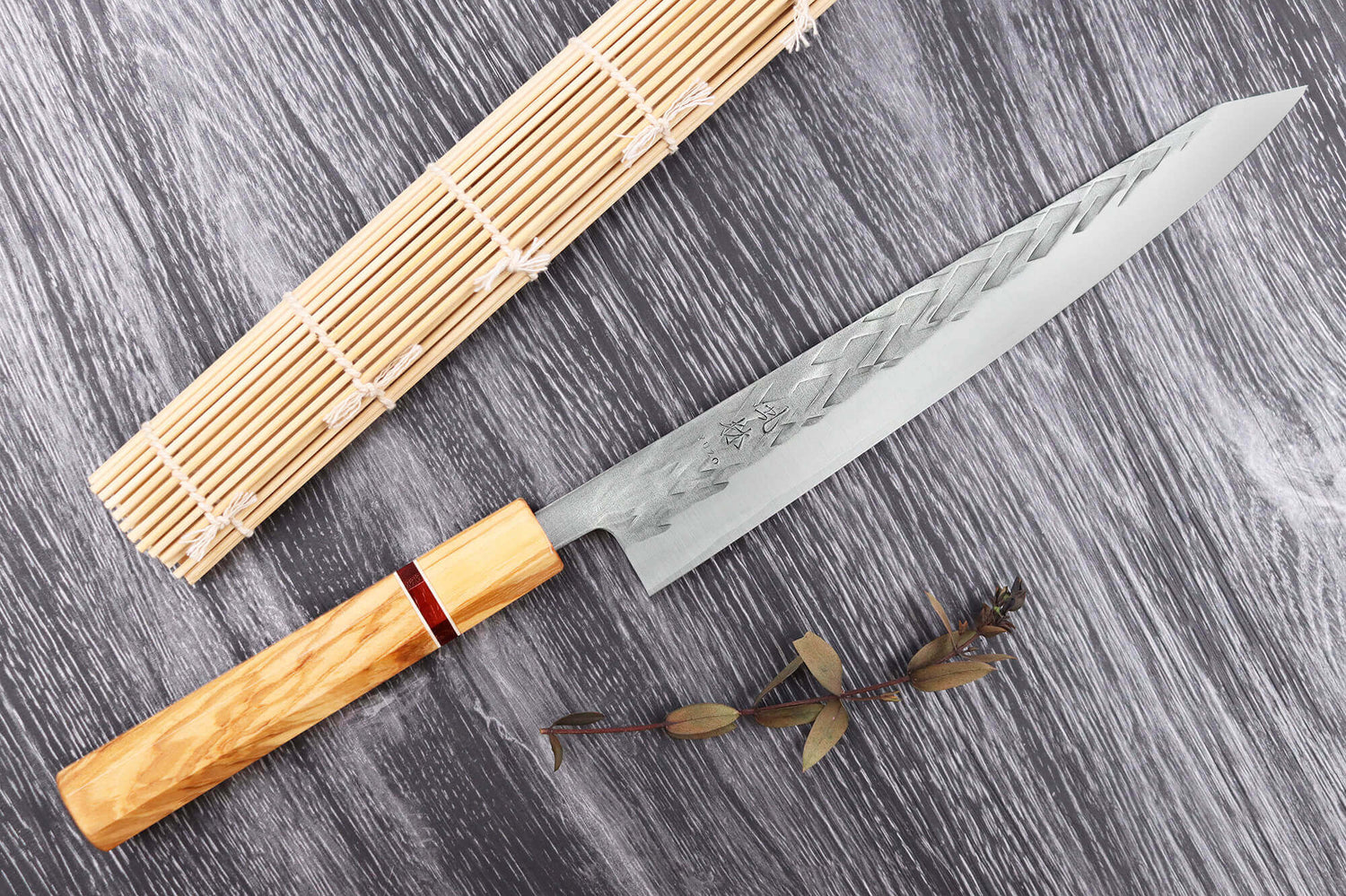 Couteau sujihiki 24cm japonais artisanal Yuzo SLD olivier et sequoia