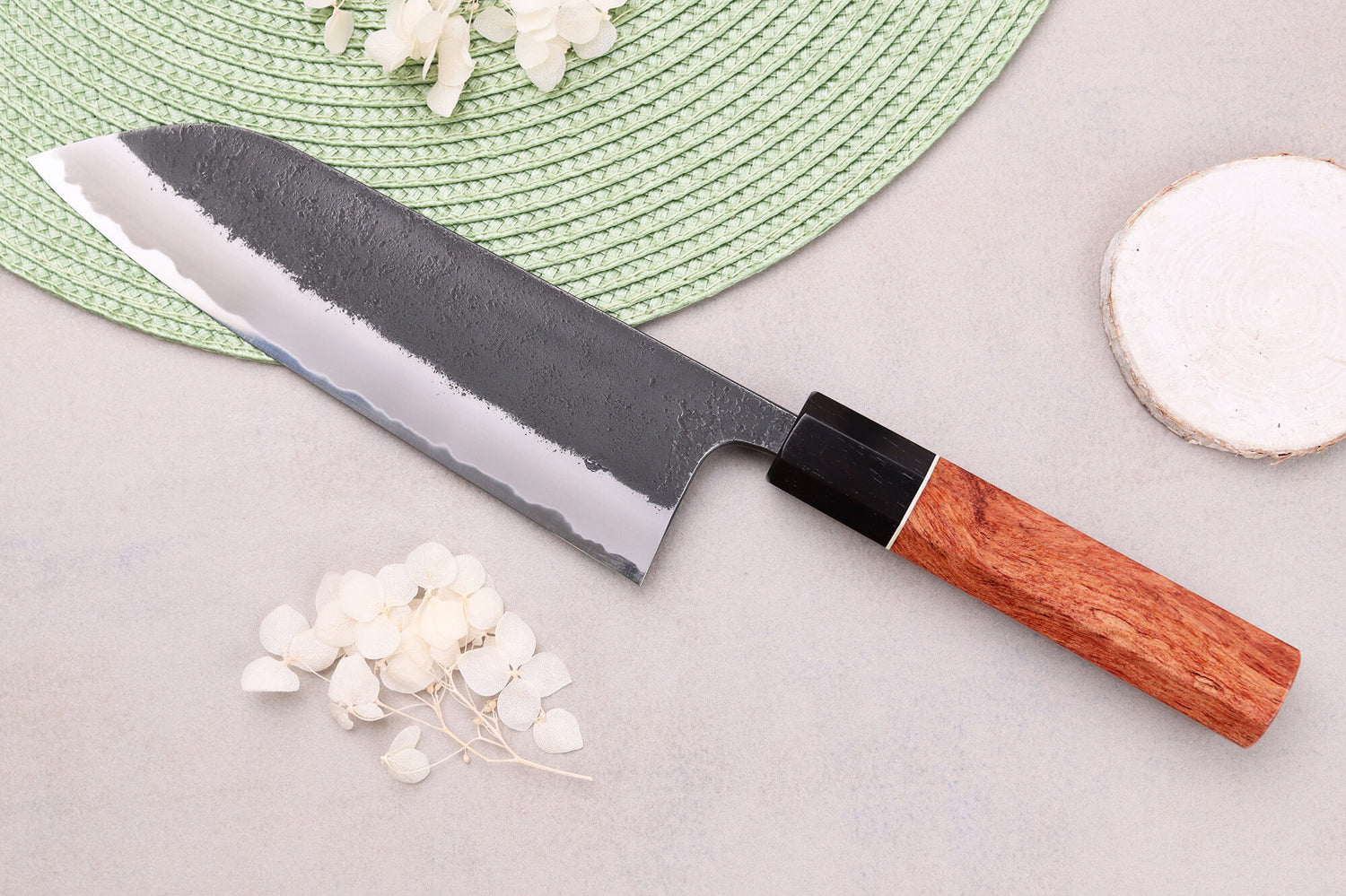 Couteau santoku 18cm japonais artisanal Masashi Yamamoto BS1 Black Nashiji