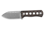 Couteau de cou QSP Canary 141F lame damassée 6,3cm manche ajouré en carbone et cuivre + étui Kydex