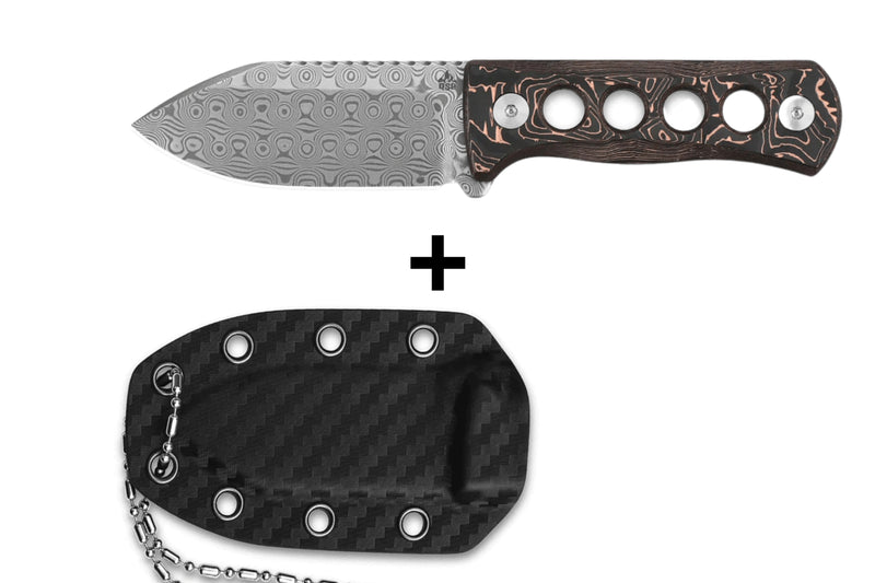 Couteau de cou QSP Canary 141F lame damassée 6,3cm manche ajouré en carbone et cuivre + étui Kydex