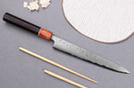 Couteau sujihiki 21cm japonais artisanal Toshihiro Wakui Aogami 2 damas laminé