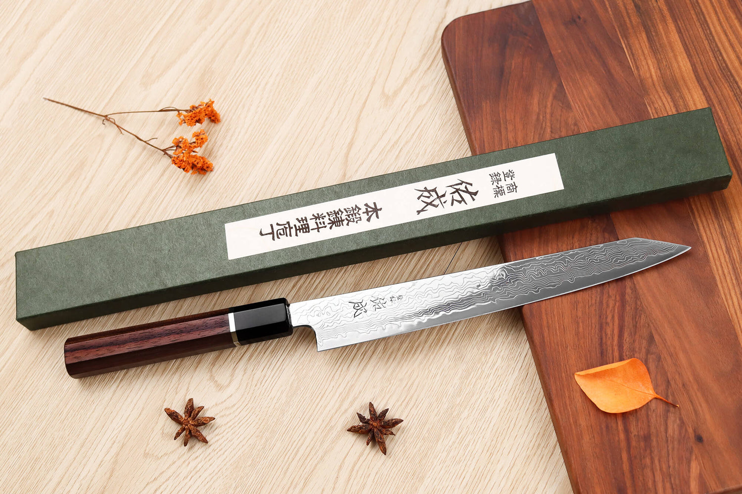Couteau sujihiki kiritsuke 24cm japonais artisanal Sukenari SG2 damas
