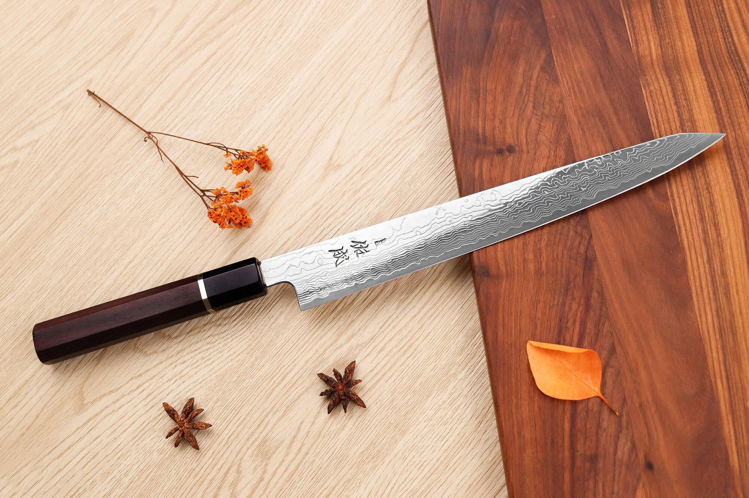 Couteau sujihiki kiritsuke 27cm japonais artisanal Sukenari SG2 damas