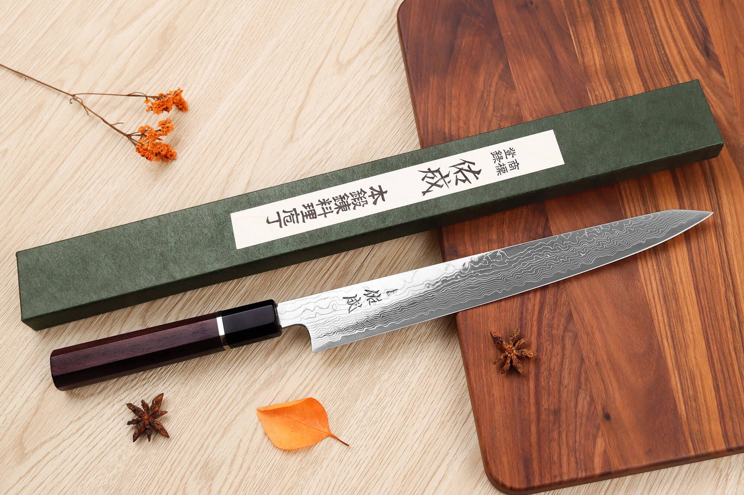 Couteau sujihiki kiritsuke 27cm japonais artisanal Sukenari SG2 damas