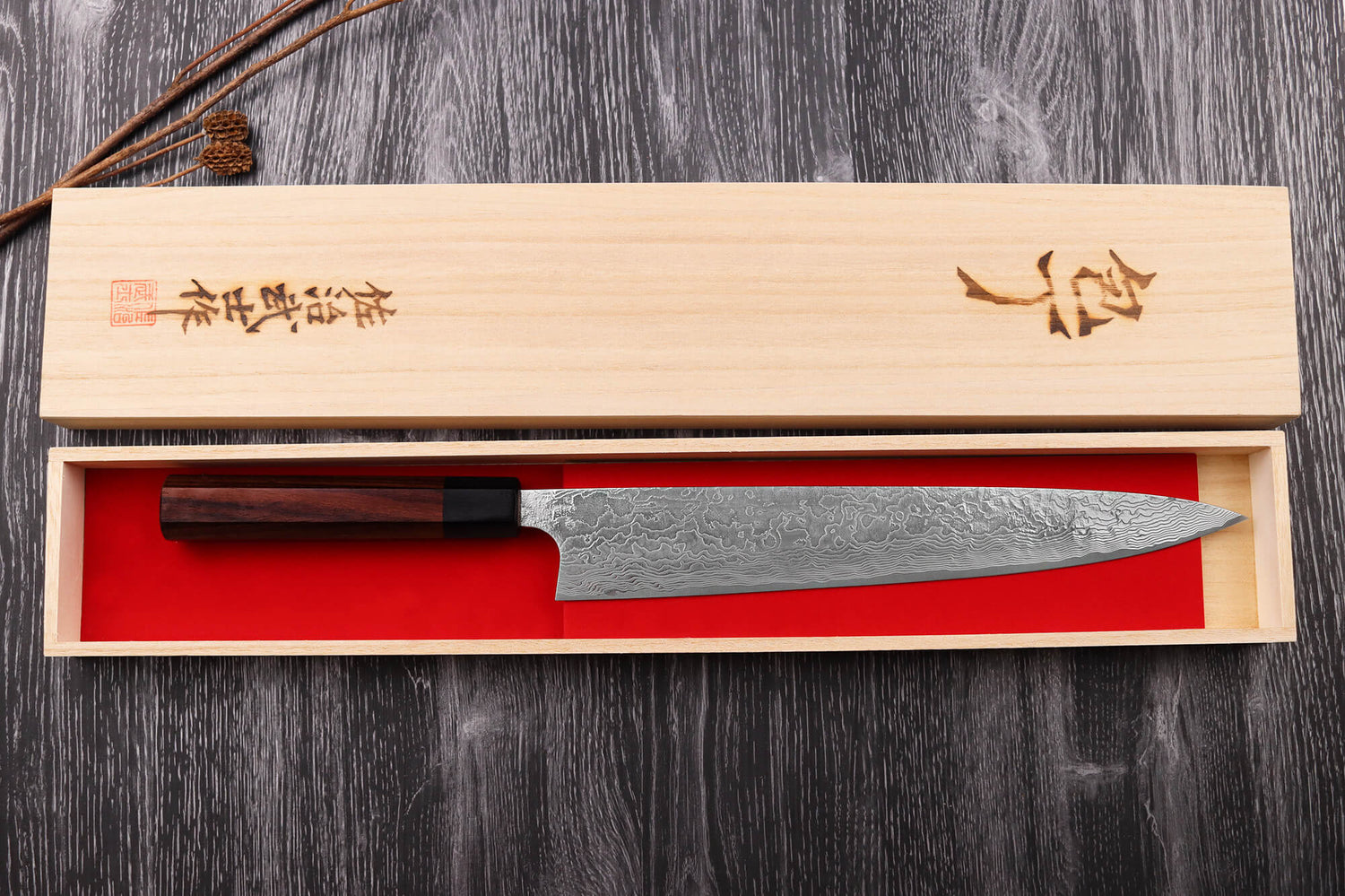 Couteau sujihiki japonais artisanal Takeshi Saji R2 Damas 27cm