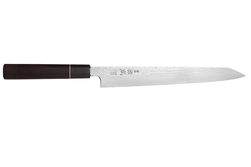 Couteau sujihiki kiritsuke 27cm japonais artisanal Sukenari ZDP-189 damas manche en ébène