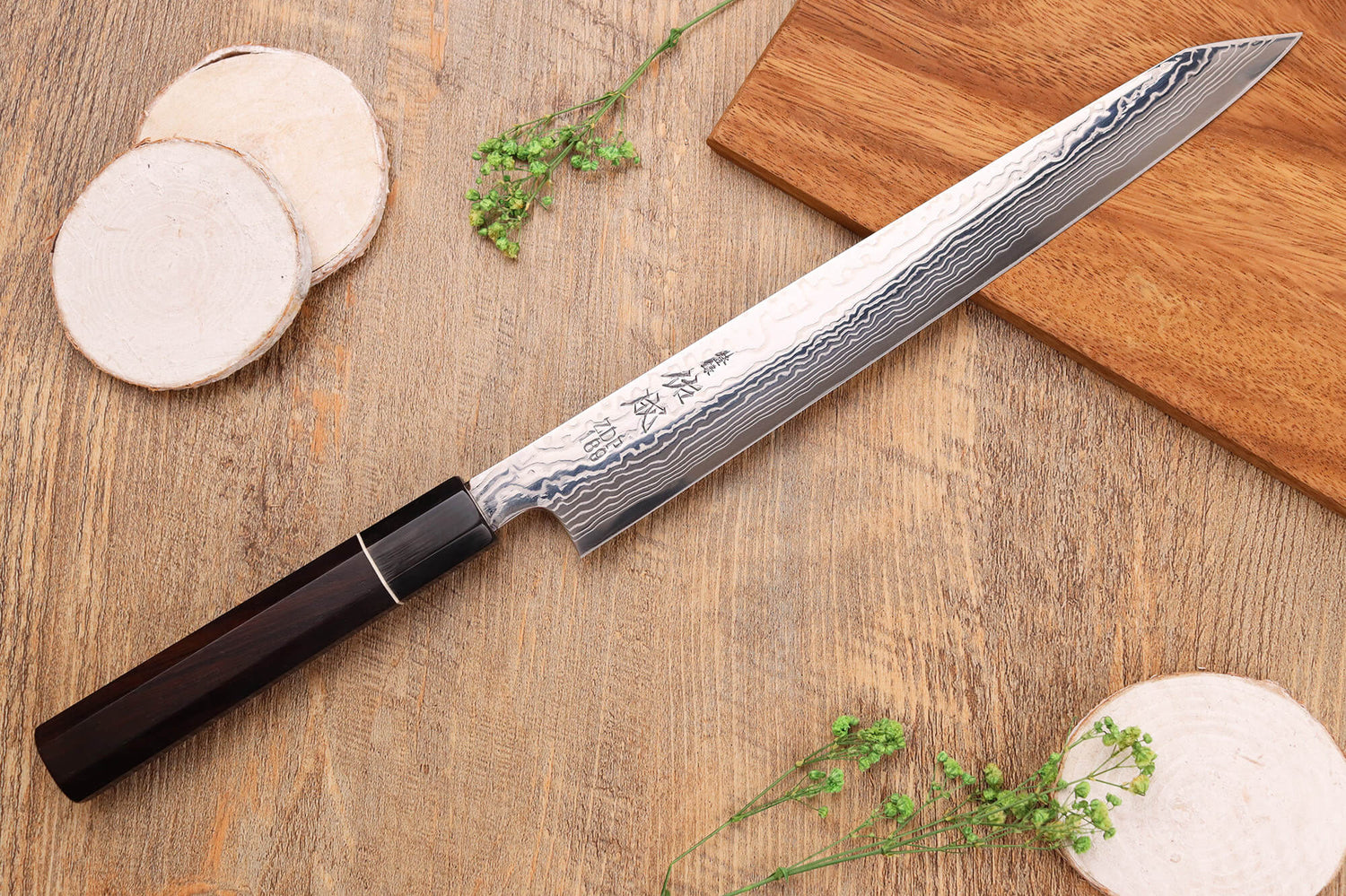 Couteau sujihiki kiritsuke 27cm japonais artisanal Sukenari ZDP-189 damas manche en ébène