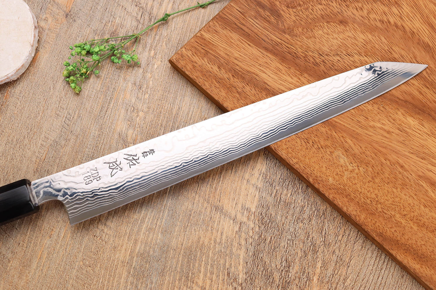 Couteau sujihiki kiritsuke 27cm japonais artisanal Sukenari ZDP-189 damas manche en ébène