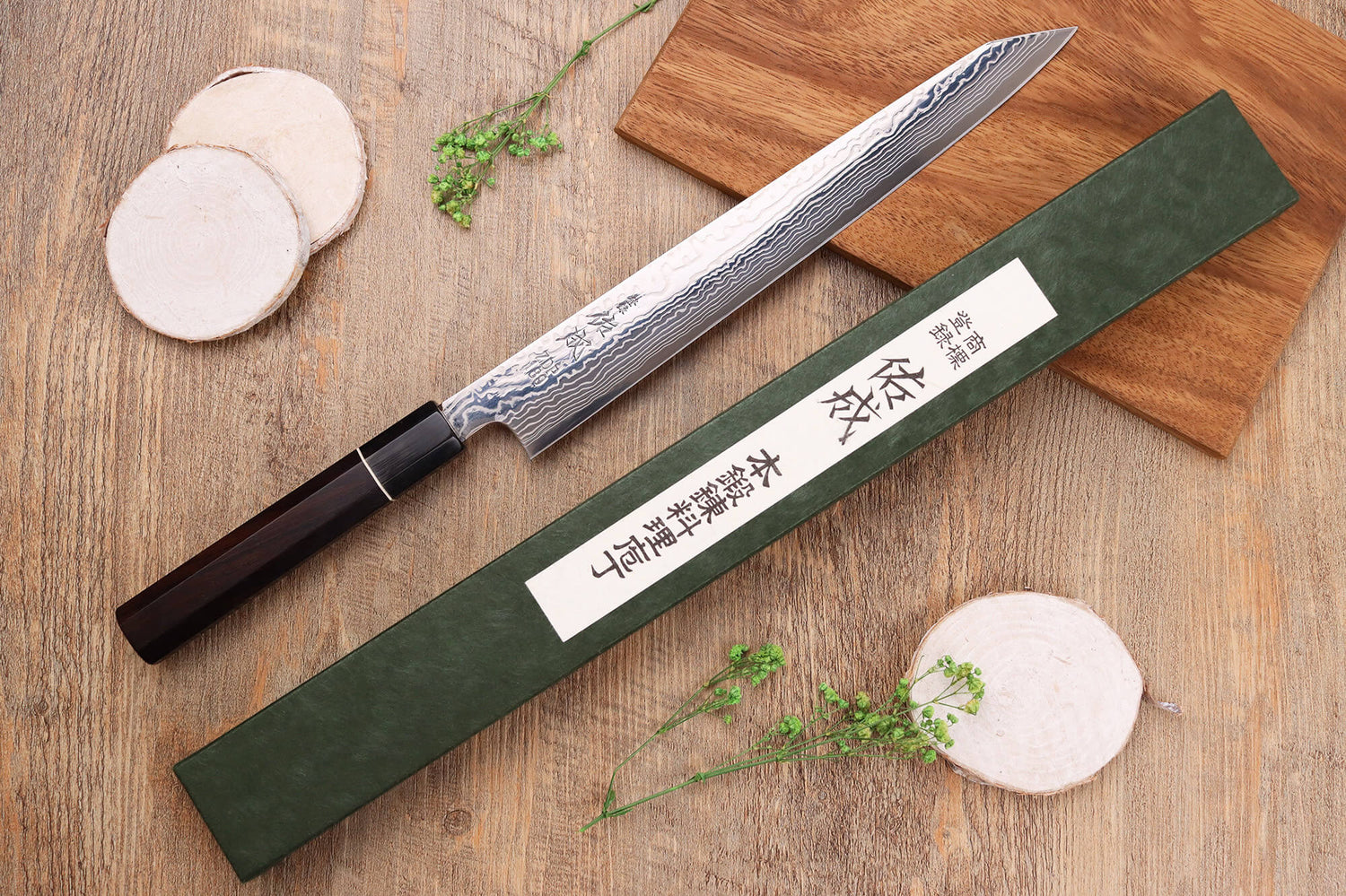Couteau sujihiki kiritsuke 27cm japonais artisanal Sukenari ZDP-189 damas manche en ébène