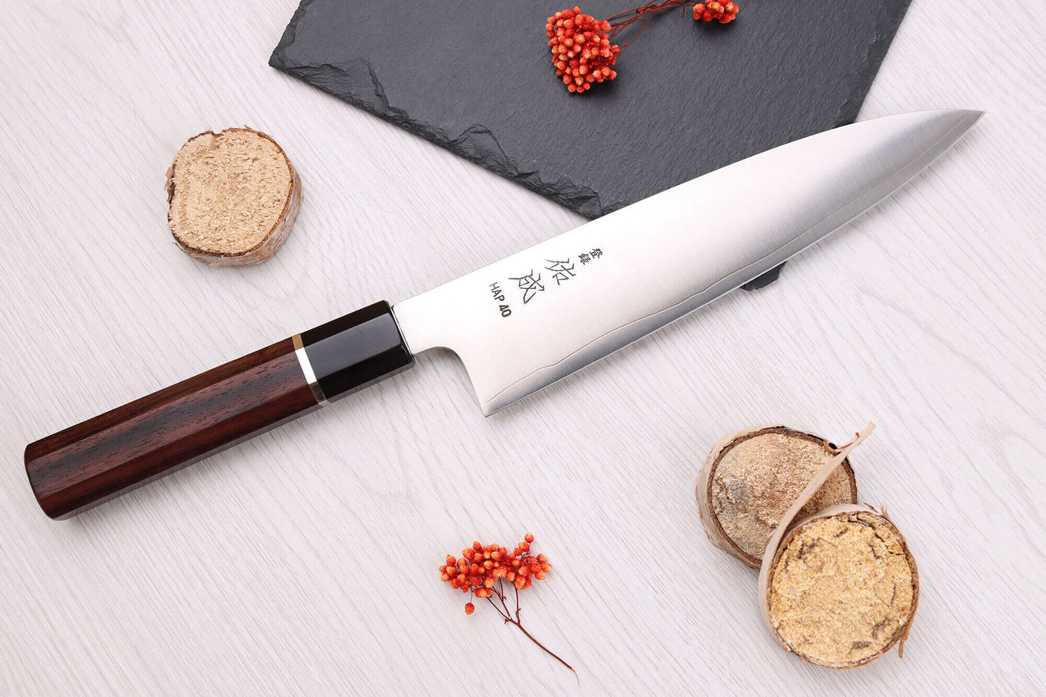 Couteau de chef 21cm japonais artisanal Sukenari HAP40 San Maï manche en bois de rose