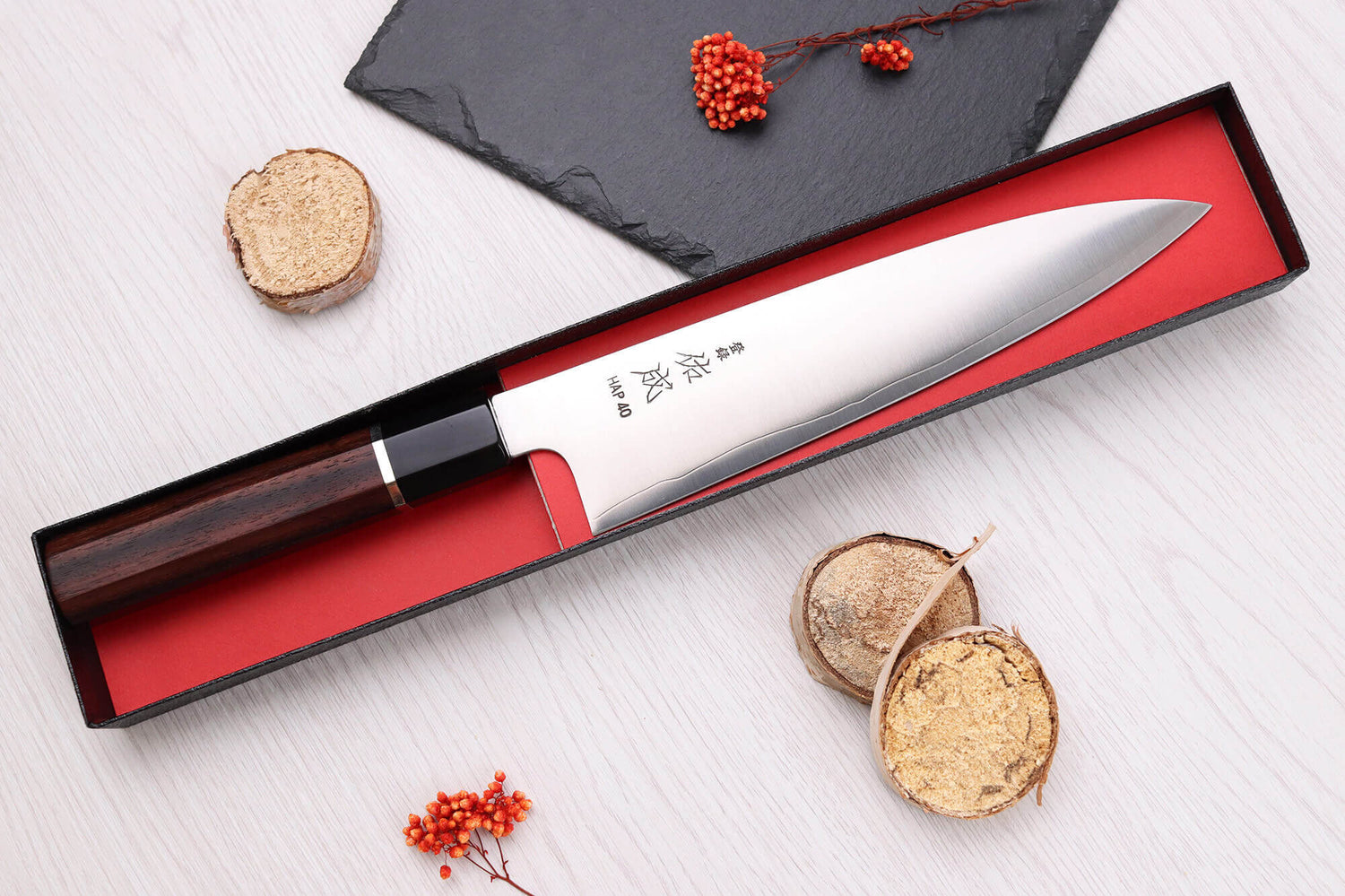 Couteau de chef 21cm japonais artisanal Sukenari HAP40 San Maï manche en bois de rose