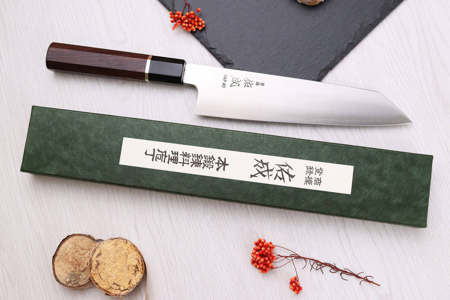 Couteau de chef kiritsuke 21cm japonais artisanal Sukenari HAP40 San Maï manche en bois de rose